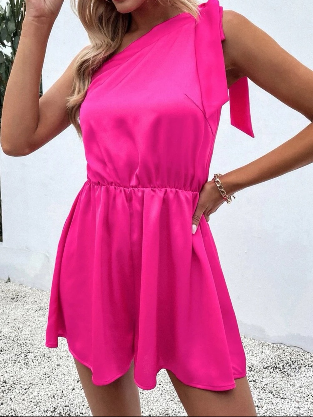 SHEIN Fuchsia One-Shoulder Tie Romper Dress